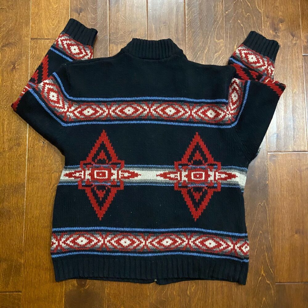 Pendleton Vintage Wool Knit Aztec Southwestern Zip Up Sweater Black Red Men's XL - Picture 5 of 9